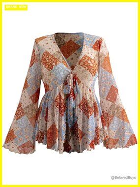 Plus Size Bell Sleeve Boho Peplum Top V-Neck Tribal Print Blouse